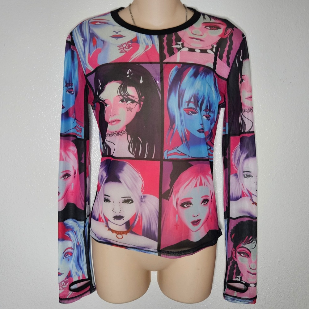 Kollyy Anime‎ Girl Graphic Mesh Top Long Sleeve E-Girl